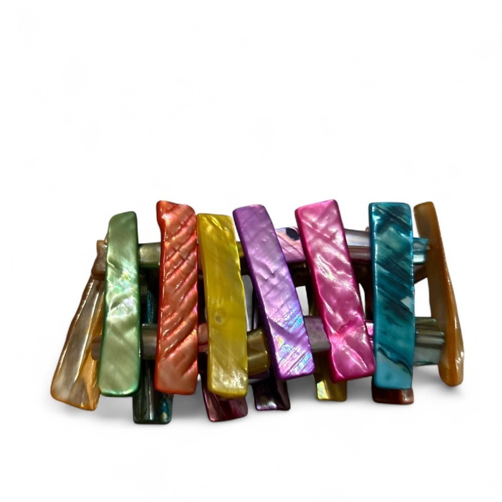 Vintage Shell Bracelet Rainbow Glazed Seashell Accordion Chunky Stretch Cuff